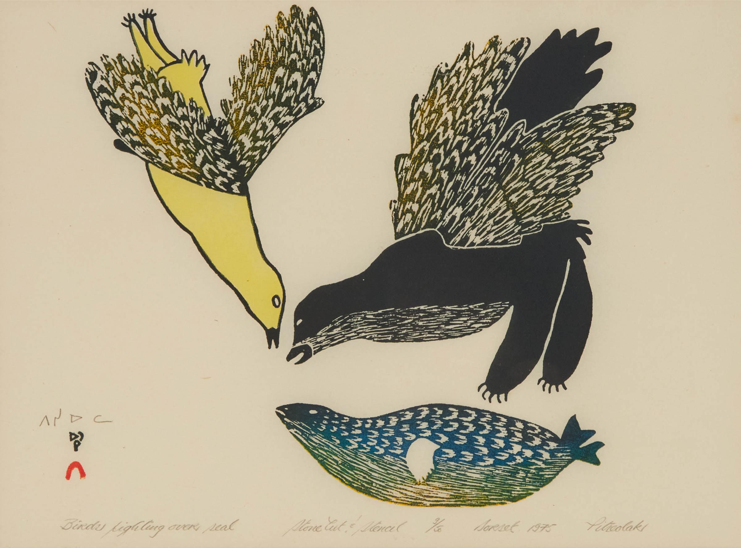 Pitseolak Ashoona (1904-1983) - Birds Fighting Over Seal, 1975