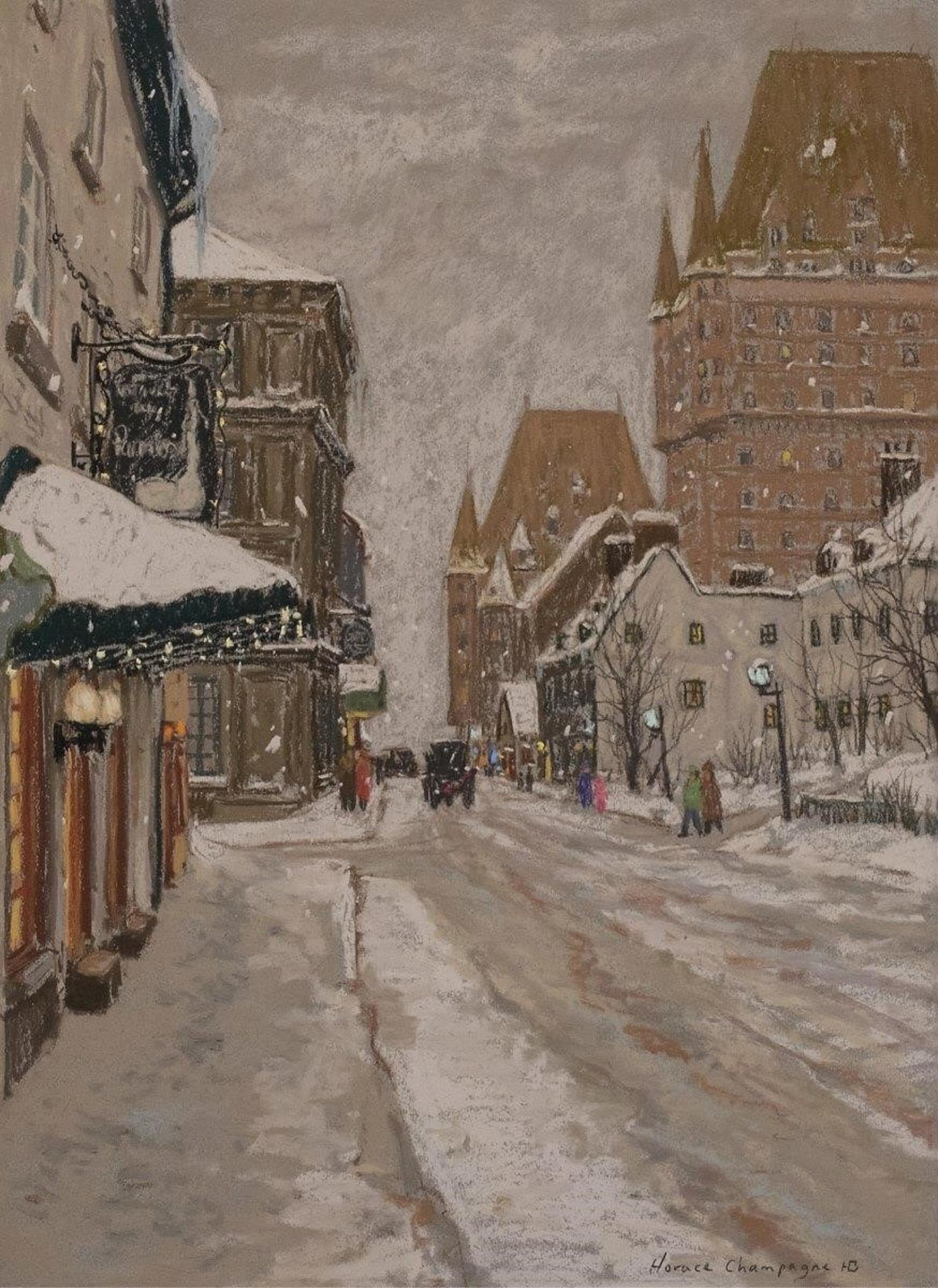 Horace Champagne (1937) - Hiver Au Vieux Quebec (Restaurant Parmesan Rue St-Louis, Quebec); 1990