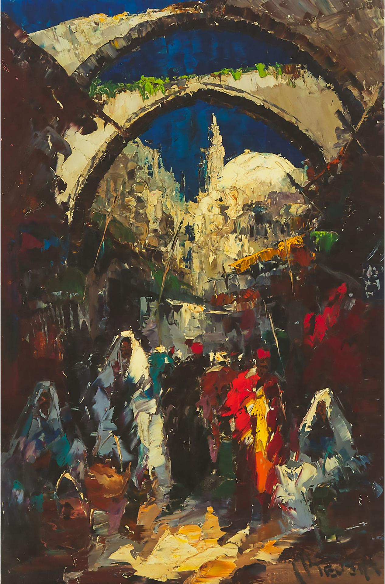 Jan Bévort - Market With Crowds Outside Arched City Walls
