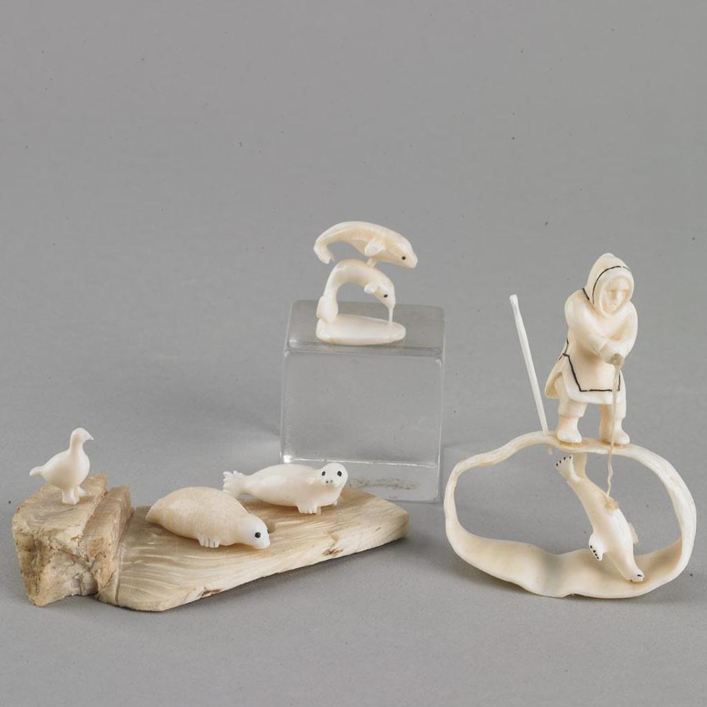 Simon Hiqiniq (1951) - Jumping Narwhal And Whale; Seal And Bird Scene; Hunter Pulling A Seal