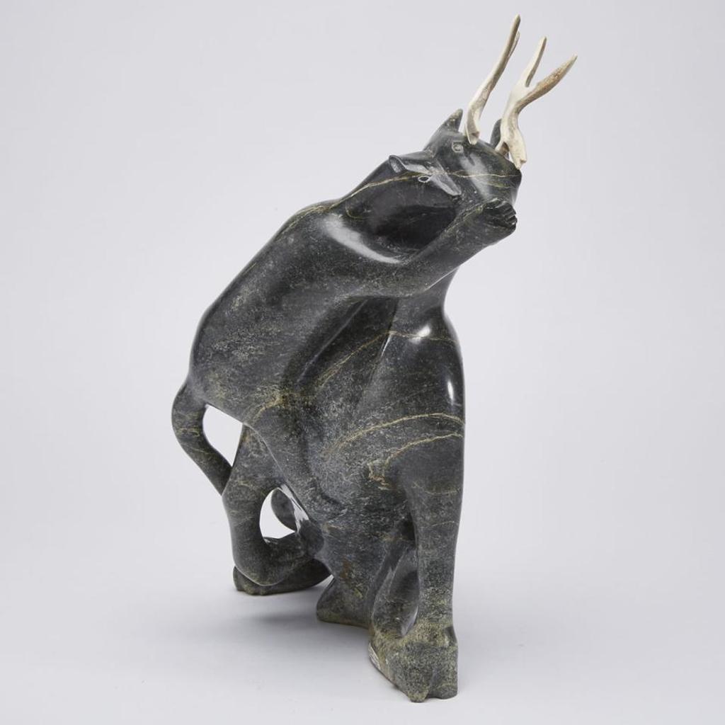 Ashevak Tunnillie (1956-2018) - Wolf Pup Attacking A Caribou