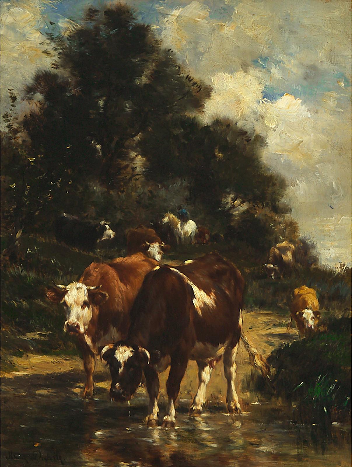 Marie Dieterle (1856-1935) - Horseman Driving Cows To Water