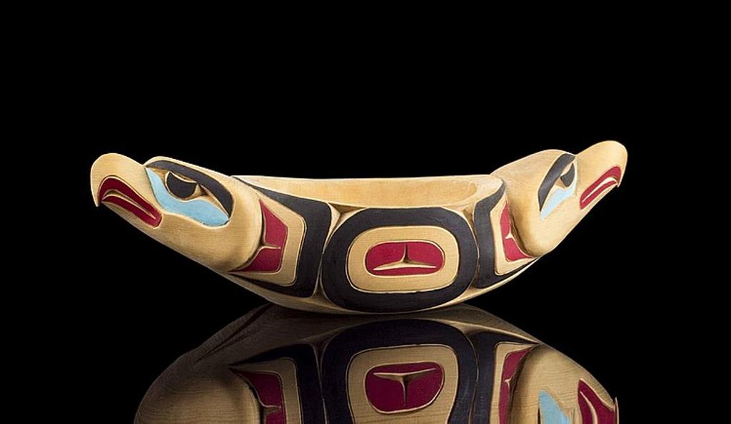 Howard LaFortune - a carved yellow cedar double headed Eagle feast bowl with poychromed decoration