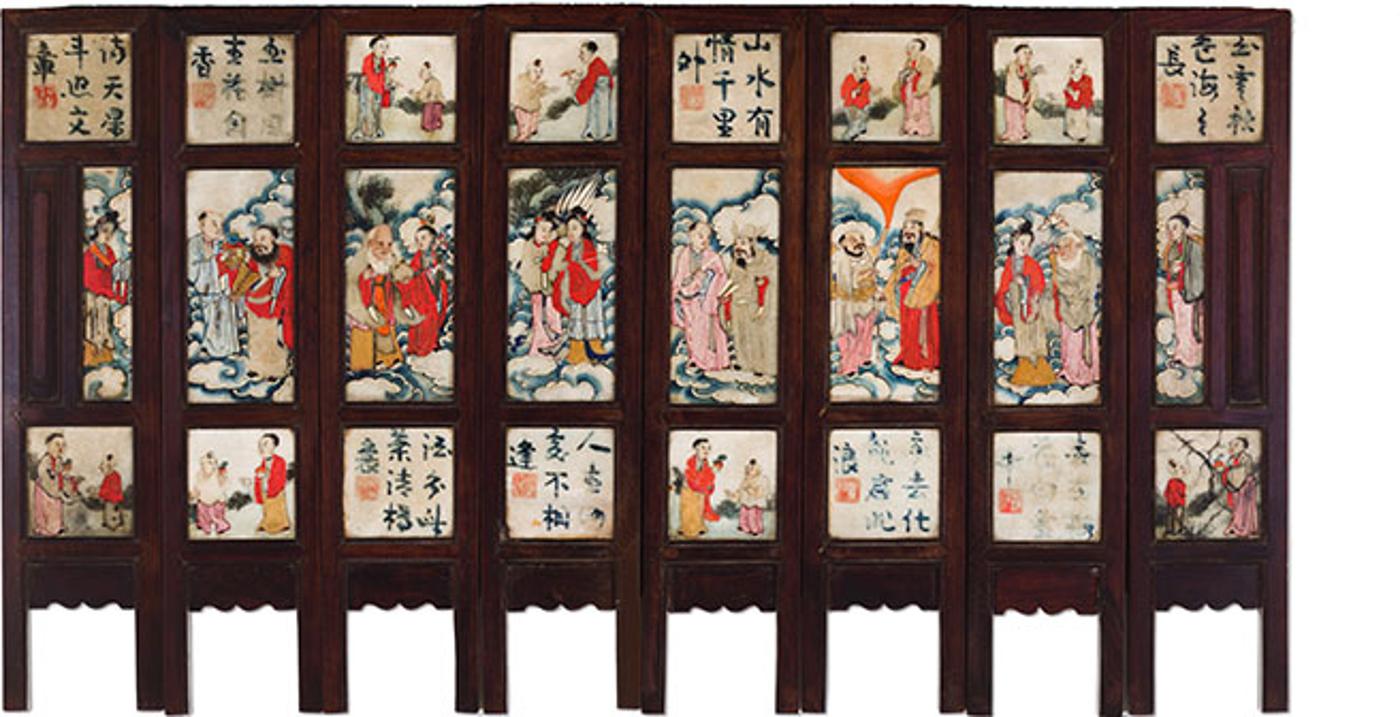 Chinese Art - A Chinese Eight Panel Painted Marble 'Immortals' Screen, Late 19th Century