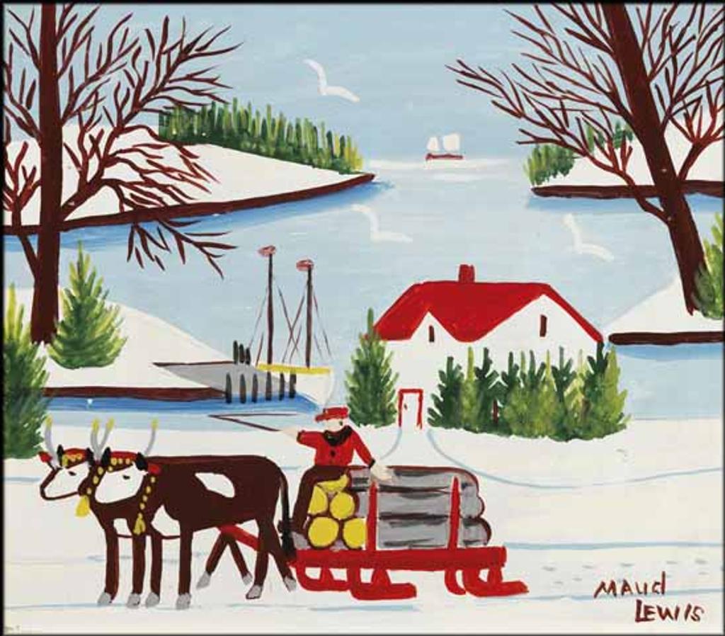 Maud Kathleen Lewis (1903-1970) - Hauling Logs by the Harbour