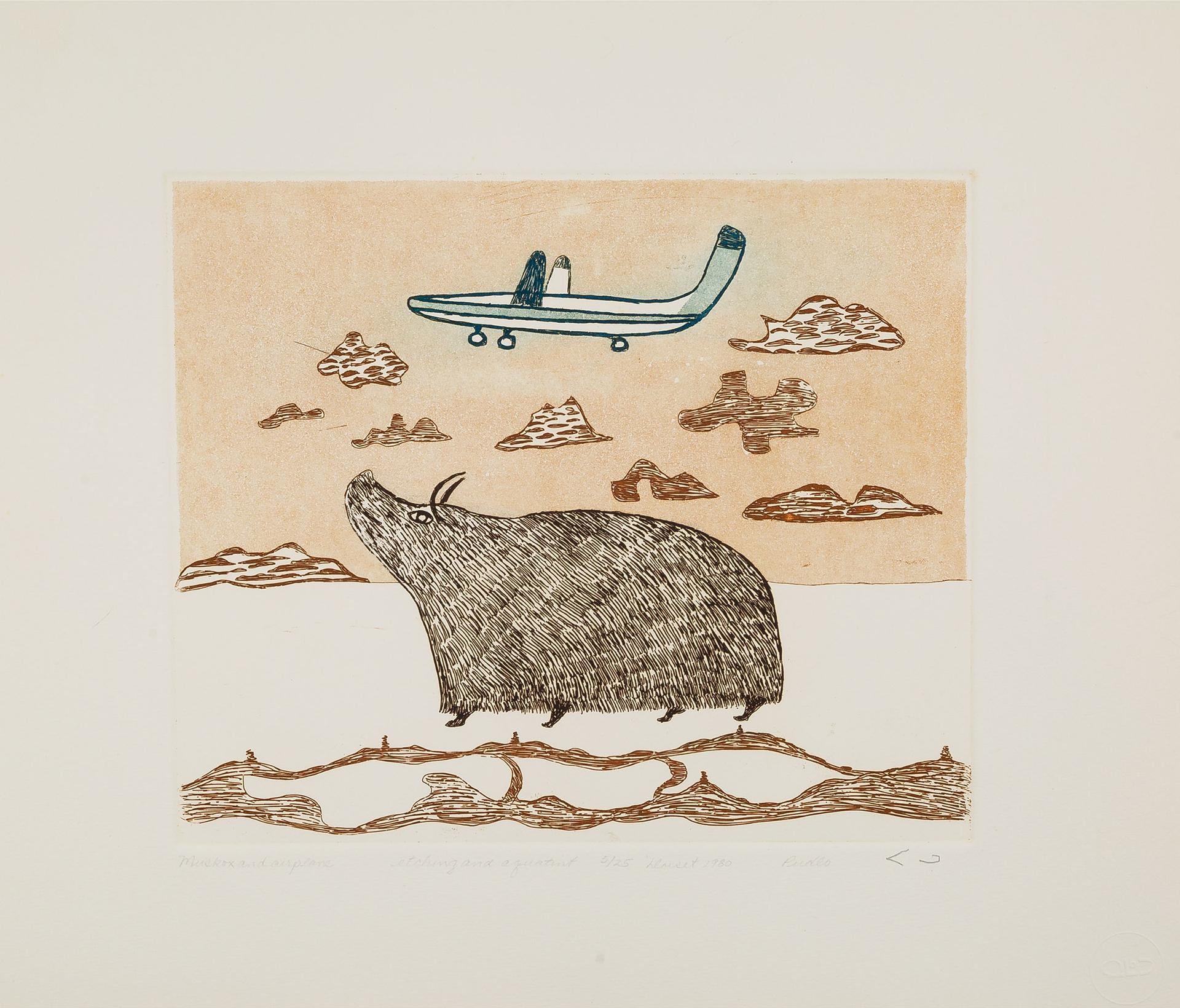Pudlo Pudlat (1916-1992) - Muskox And Airplane