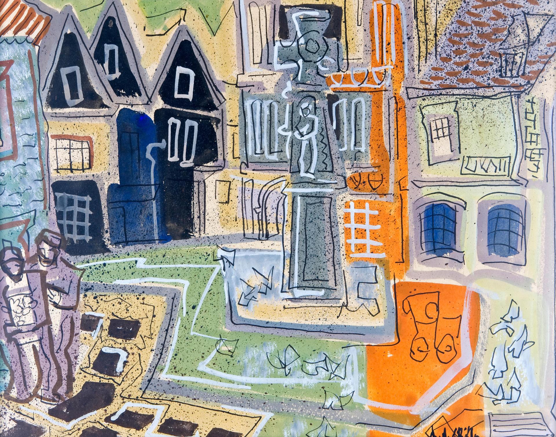 André Charles Biéler (1896-1989) - Figures passing the town monument in the square