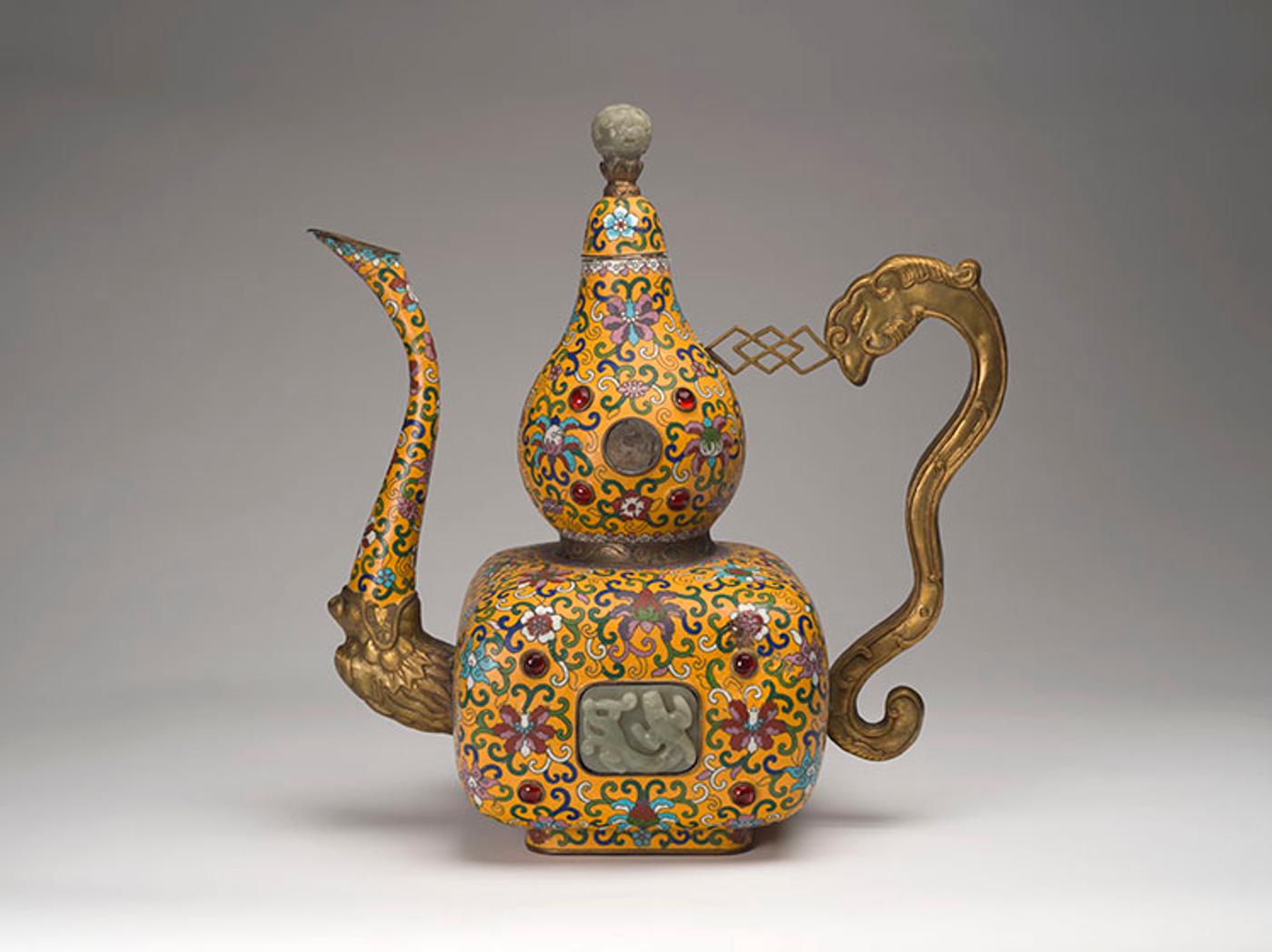 Chinese Art - A Large Chinese Cloisonné Enamel, Repoussé and Jade Inlay Ritual Ewer and Cover