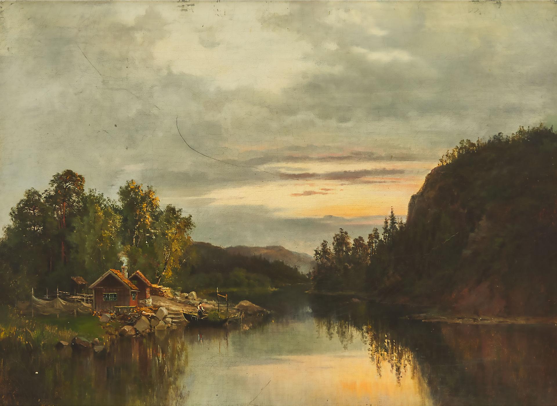 Josephina Holmlund - Swiss Chalet At Riverside With A Woman Tending A Boat At Sunset, 1886