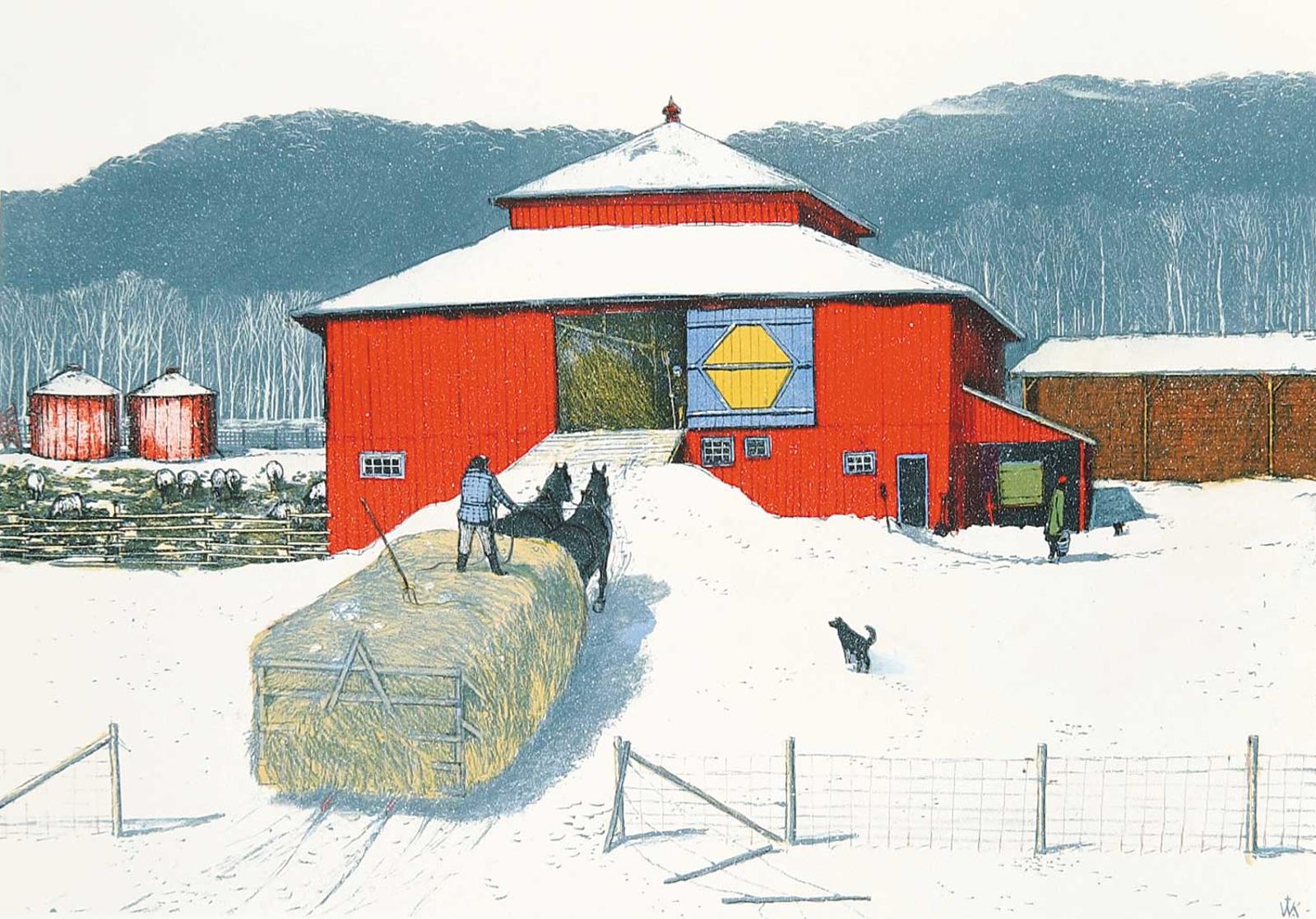 William Kurelek (1927-1977) - Snowfall Ending on Quebec Ontario Border  #5/50