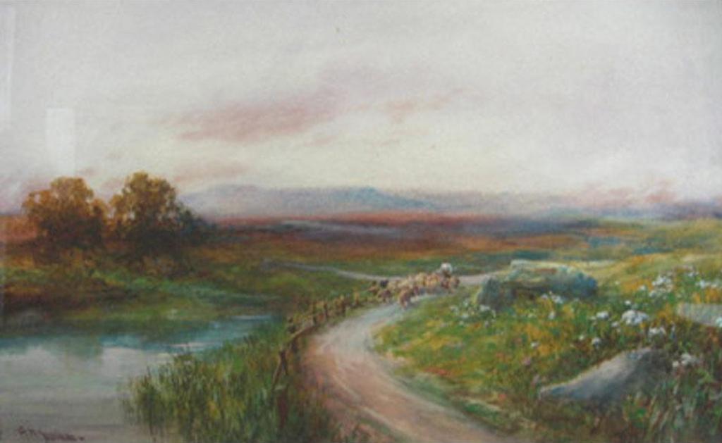 George Henry Jenkins (1920-2003) - Shepherd And Flock On Roadway By River