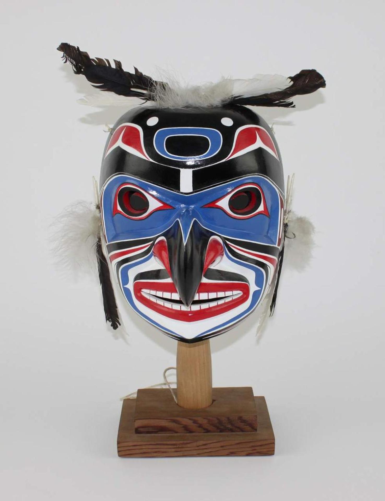 Gene Brabant - a large carved and polychromed Hawk Man rattle