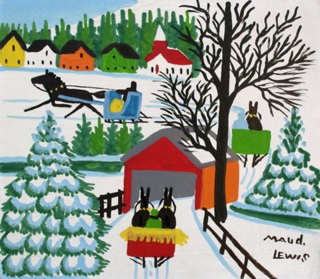 Maud Kathleen Lewis (1903-1970) - Covered Bridge with Three Sleighs