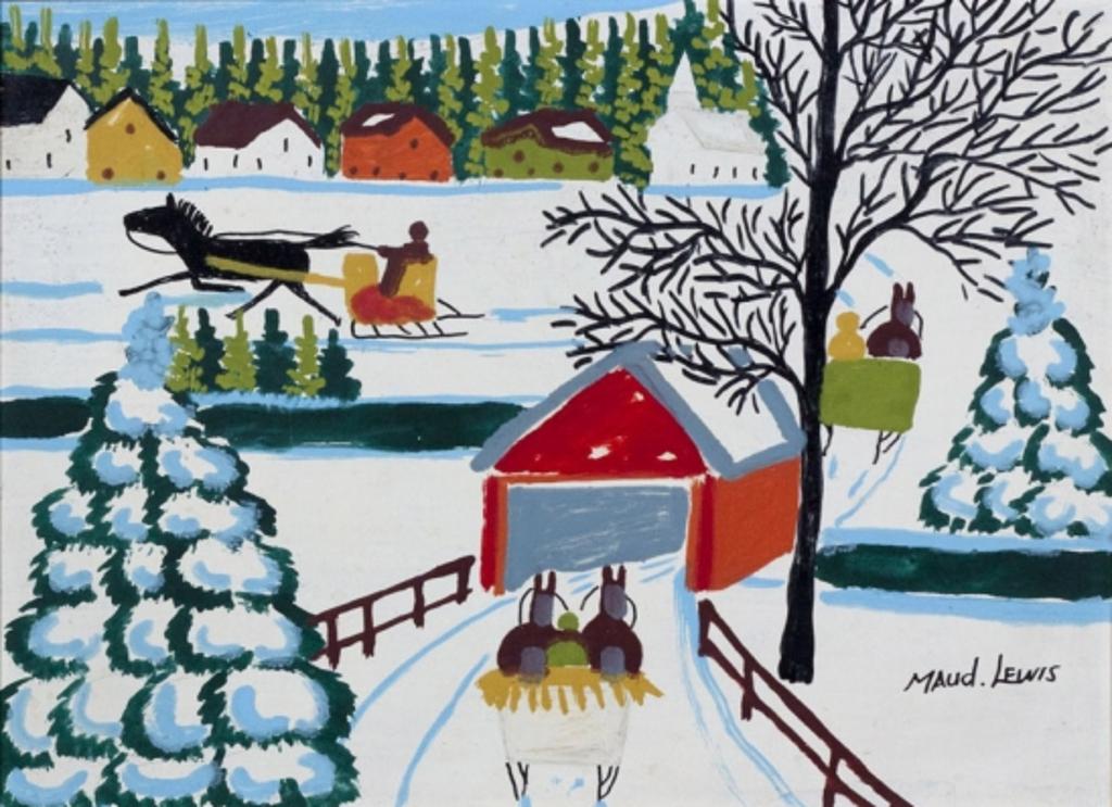 Maud Kathleen Lewis (1903-1970) - Covered Bridge With Three Sleighs