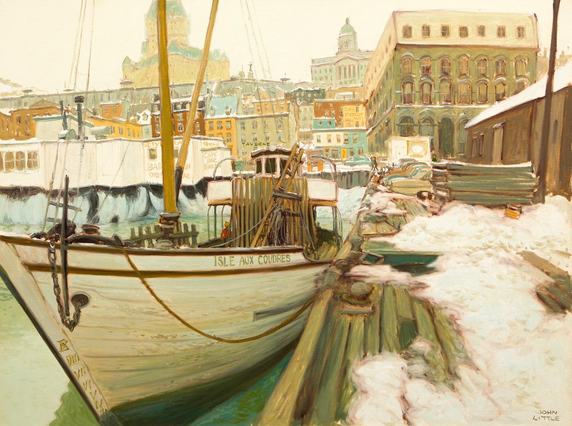 John Geoffrey Caruthers Little (1928-2024) - Riverfront (berge), fleuve Saint-Laurent avec goélette, 1969