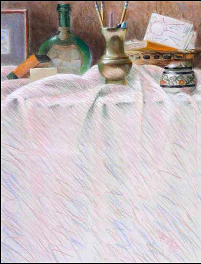 Barbara Amos (1953) - Wine Bottle, Brass Jug and Ceramic Jar on Pink Cloth (02029/2013-21)