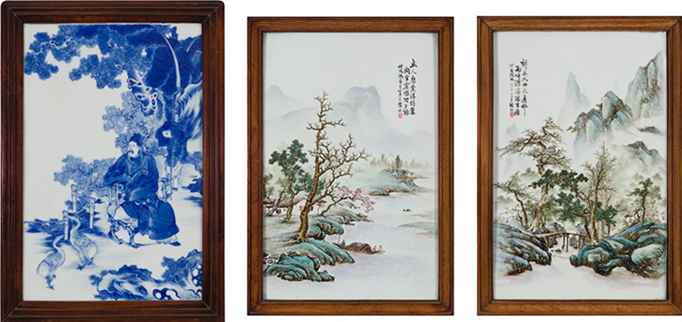 Chinese Art - Three Chinese Porcelain Enamelled Panels, 20th Century