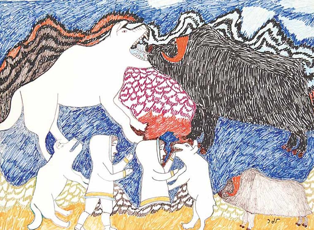 Simon Tookoome (1934-2010) - Untitled - Muskox and Inuit