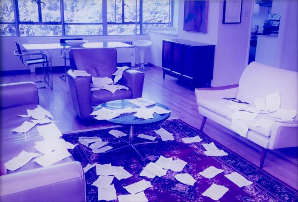 Allyson Clay (1953) - Living room strewn with pages from a ruined book (The pornographer's poem by Michael Turner