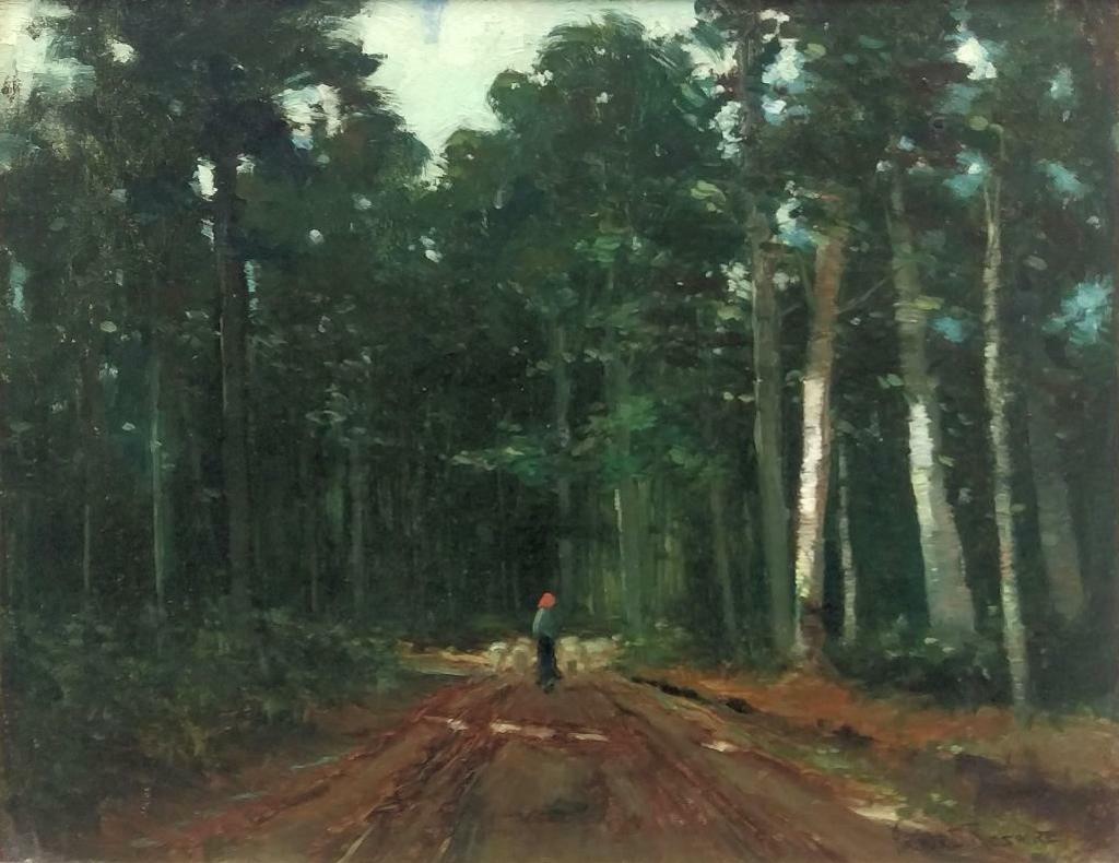 Arthur Dominique Rozaire (1879-1922) - Herding Sheep Through Wooded Path