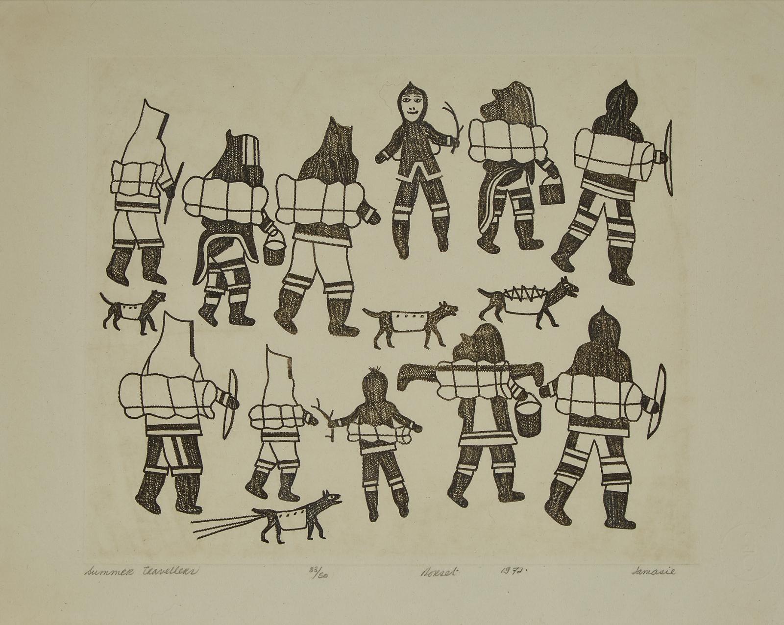 Jamasie Teevee (1910-1985) - Summer Travelers; Chasing Geese Into Stone Pen