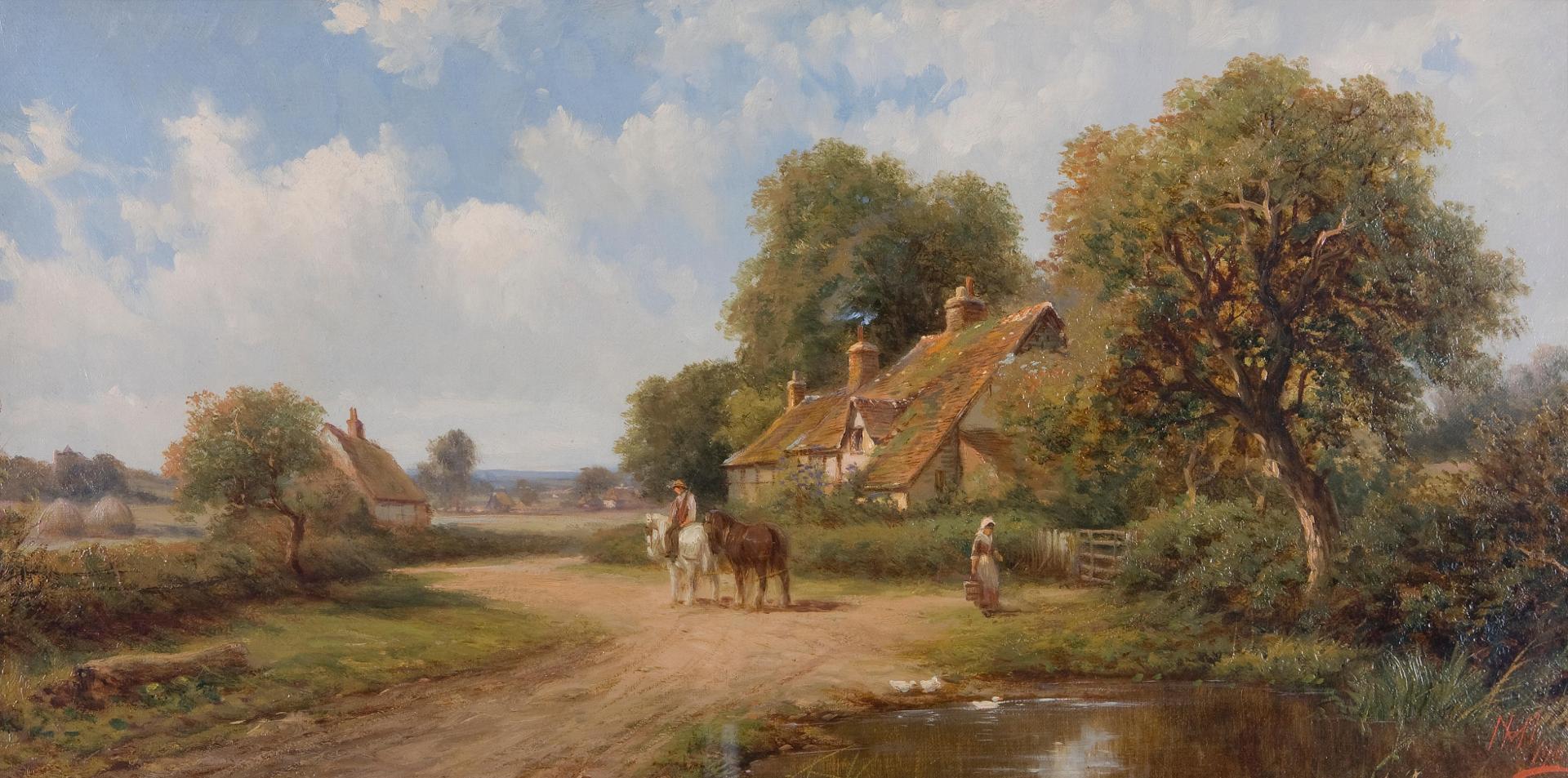 Henry Maidment (1889-1914) - Figures outside a farmhouse by a pond; Shepherd with sheep on a country lane