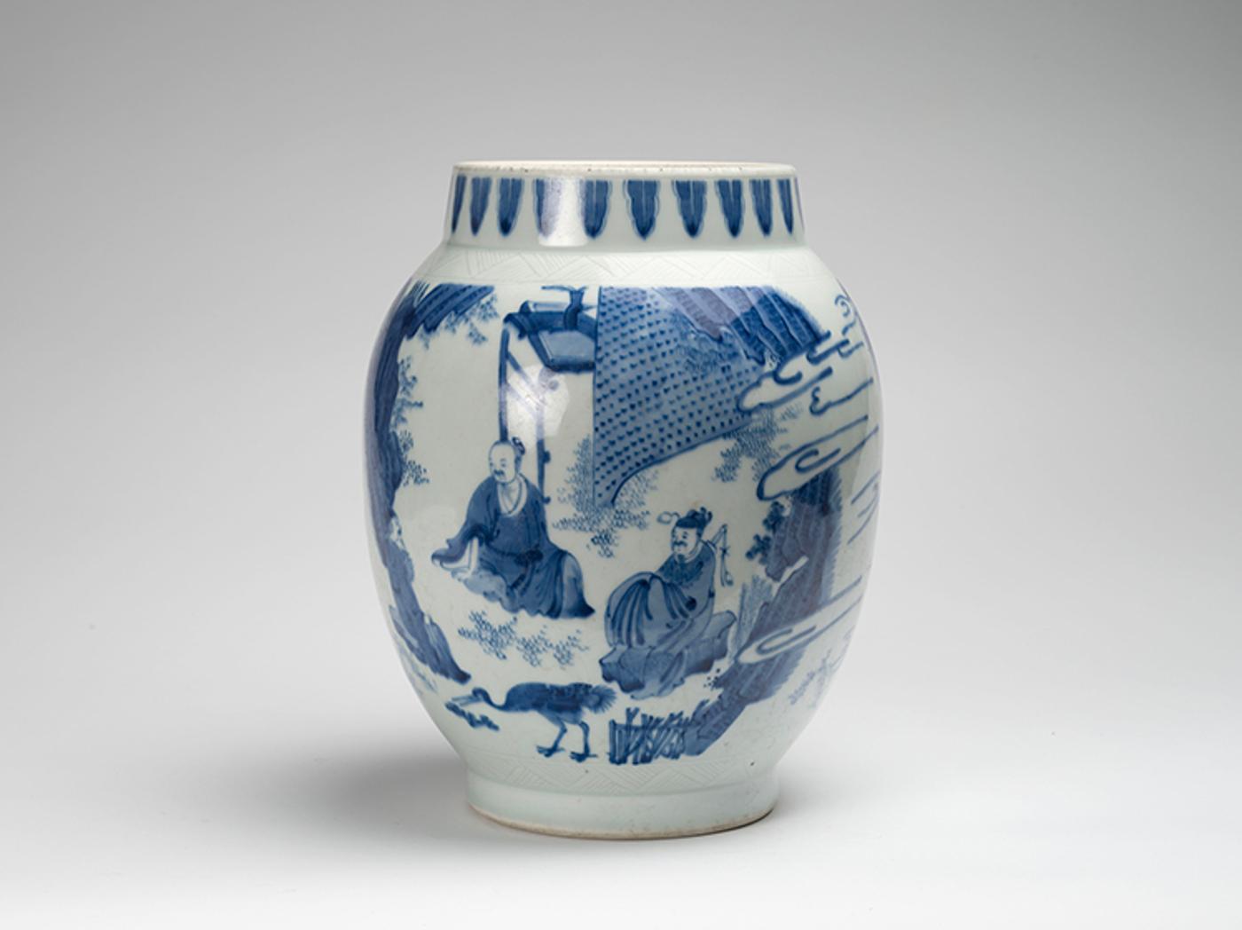 Chinese Art - A Chinese Blue and White Ovoid 'Figural' Jar, Qing Dynasty