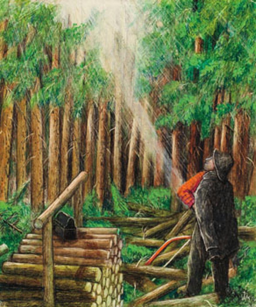 William Kurelek (1927-1977) - Newfie Woodsman Doffing Rainwear