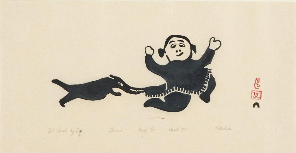 Pitseolak Ashoona (1904-1983) - Girl Chased By Dog