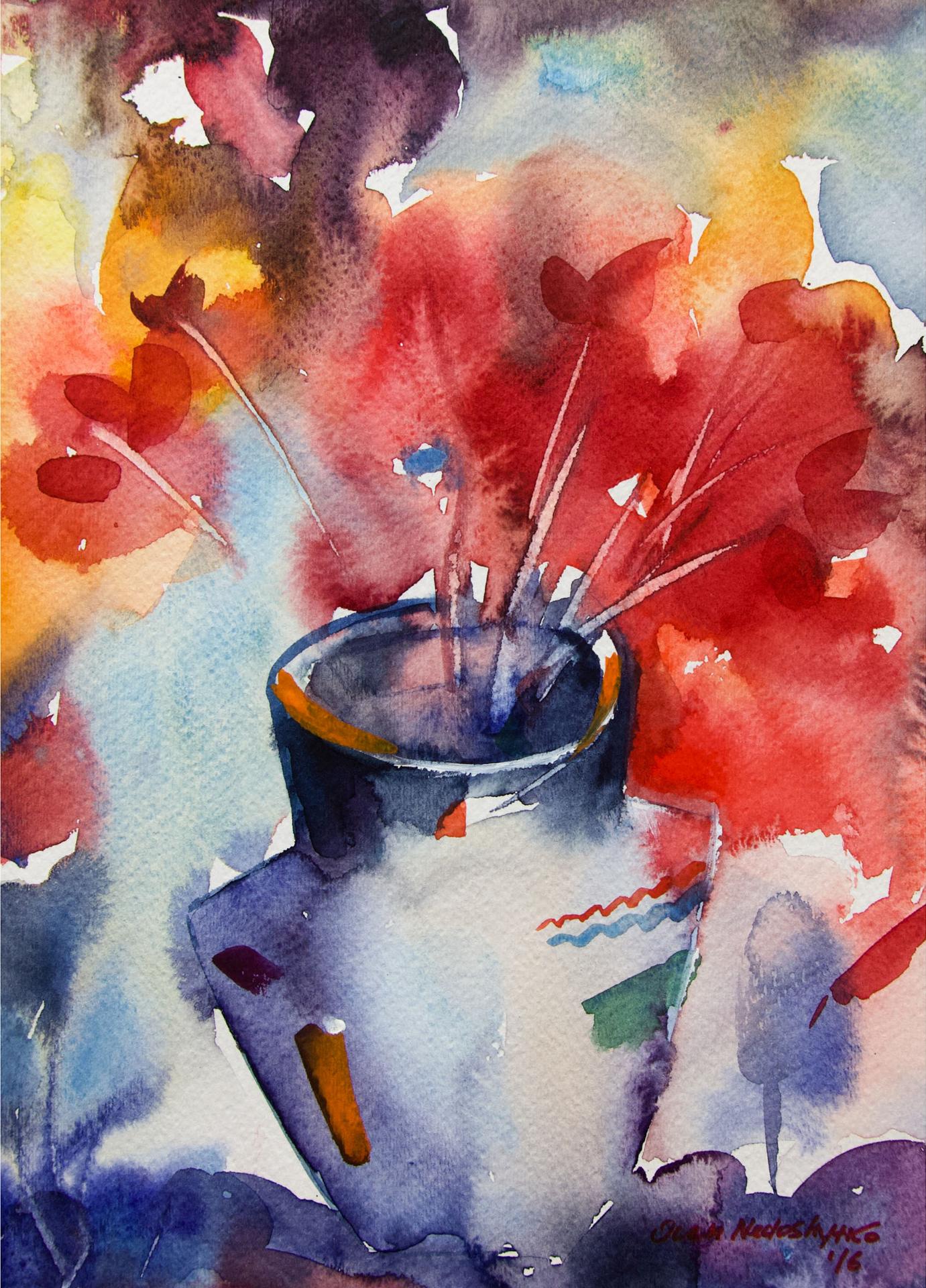 Oleg Nedoshytko (1950) - Red Flowers In A Purple Vase