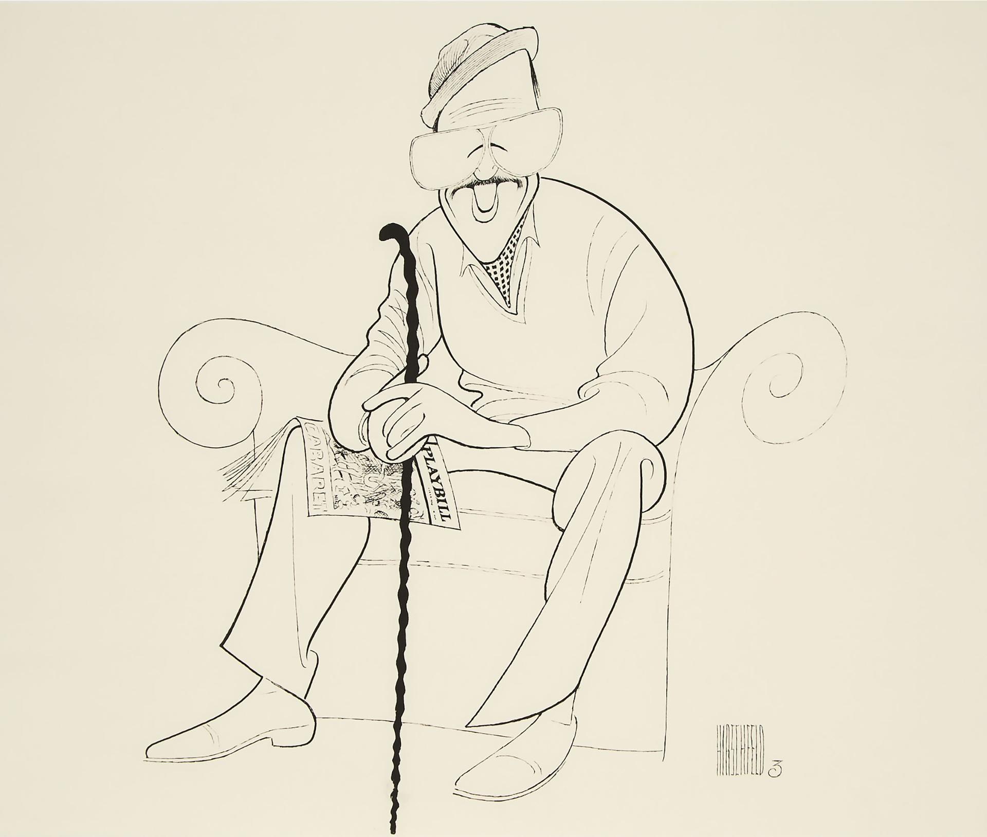 Albert (Al) Hirschfeld - Man With Moustache And Glasses Holding A Cane While Reading A Copy Of