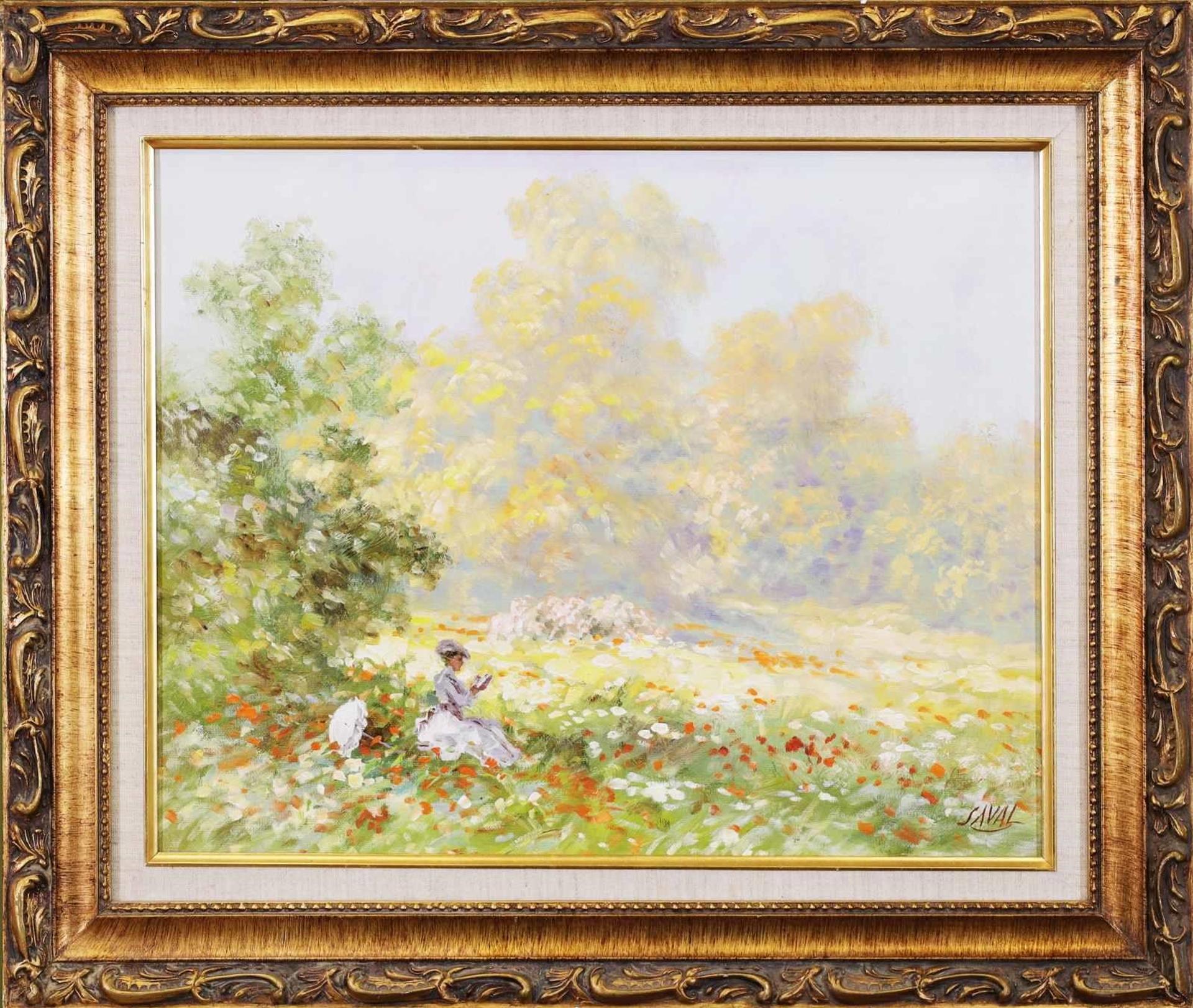 Alex Saval (1929) - Untitled, Woman Reading a Book in a Field of Flowers