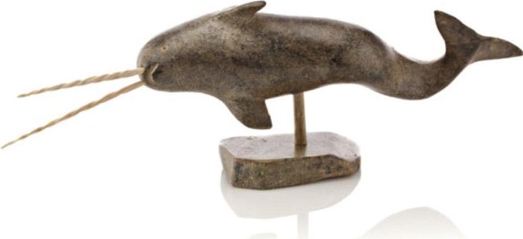 Irene Kataq Angutitok (1914-1971) - Repulse Bay, Double-Tusked Narwhal,ca. mid-late 1960s, Dark green stone and ivory
