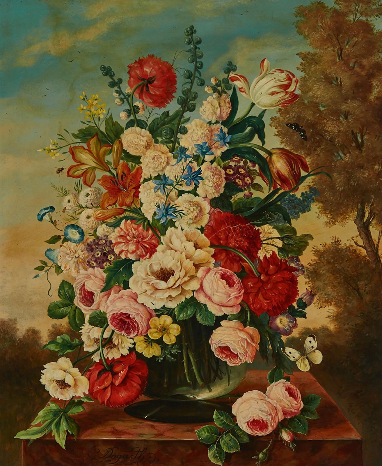 Oskar Rudolph Dogarth (1898-1961) - Still Life With Summer Flowers In A Glass Vase, With Butterflies, A Bee And Ants On A Marble Ledge