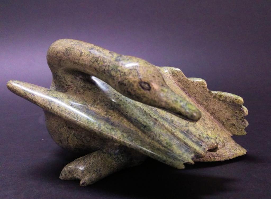 Lukta Qiatsuk (1928-2004) - Preening Goose, c. 1997, stone, 4.25 x 7 x 7.5 in. 10.8 x 17.8 x 19.7 cm. S-1814