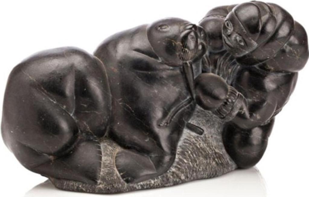 Joe Adamie Tuki Tukai (1943-1986) - Inukjuak, Hunter and Walrus, ca. mid 1960s, Black stone