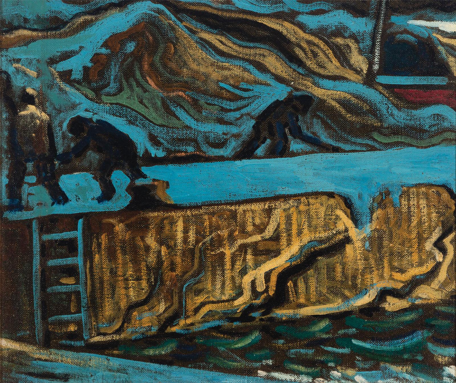 Marc-Aurèle Fortin (1888-1970) - Un Port (Travaux Au Port Sur Le Saguenay), C.1938