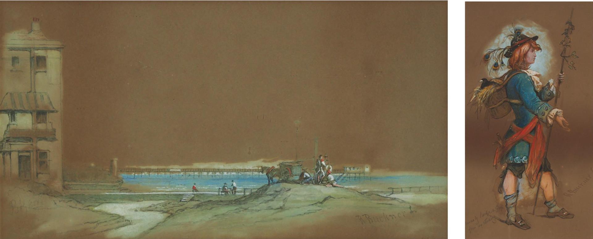Richard Buckner (1812-1883) - Barnaby Rudge And His Raven Grip (From The Novel By Charles Dickens); Figures On A Village Coast With Bridge