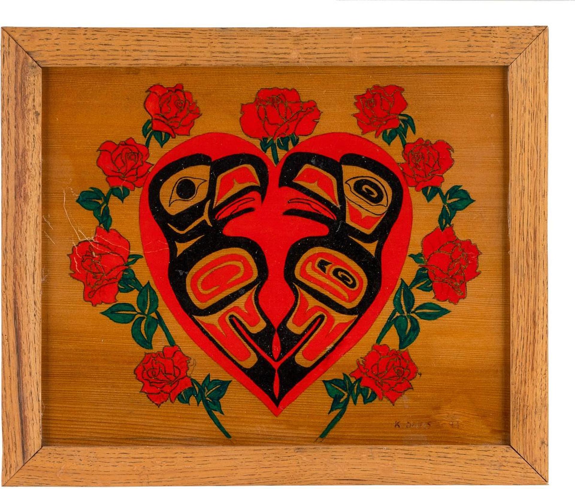 K. Davis - a handpainted cedar plaque depicting two Ravens inside a heart