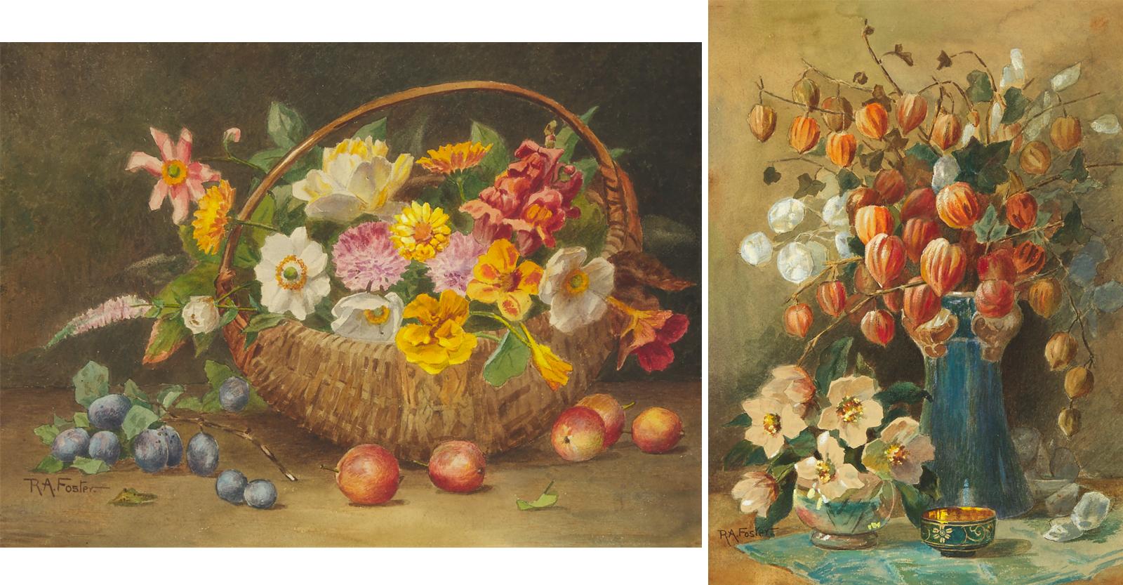 R.A. Foster - Nasturtiums And Summer Blooms In A Basket With Fruit;  Chinese Lanterns In A Blue Vase