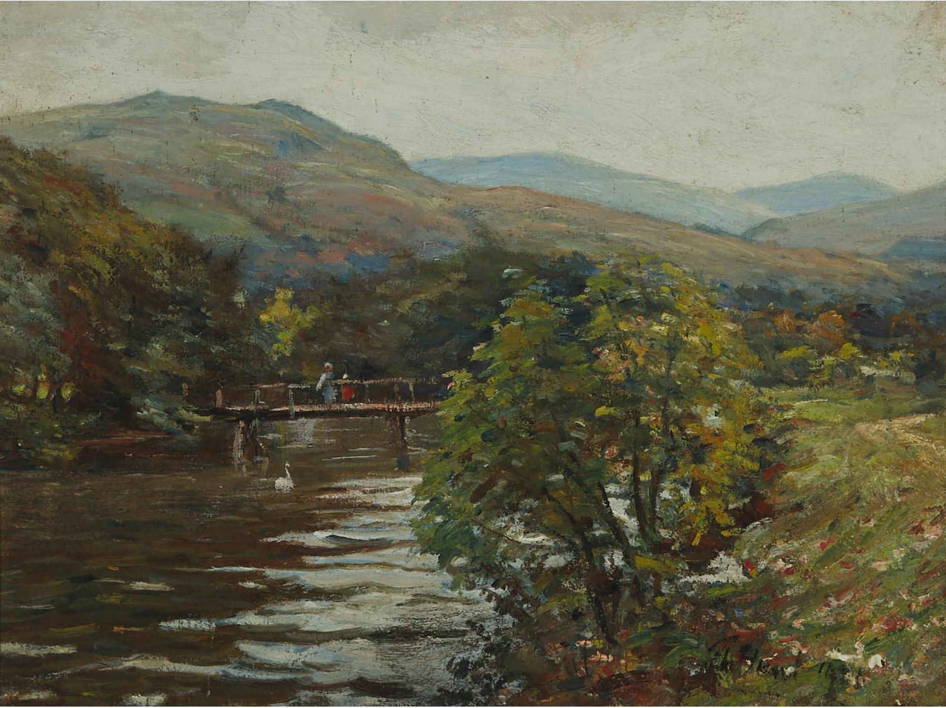 Thomas Hunt (1854-1929) - Feeding The Swan At The Bridge, Circa 1925