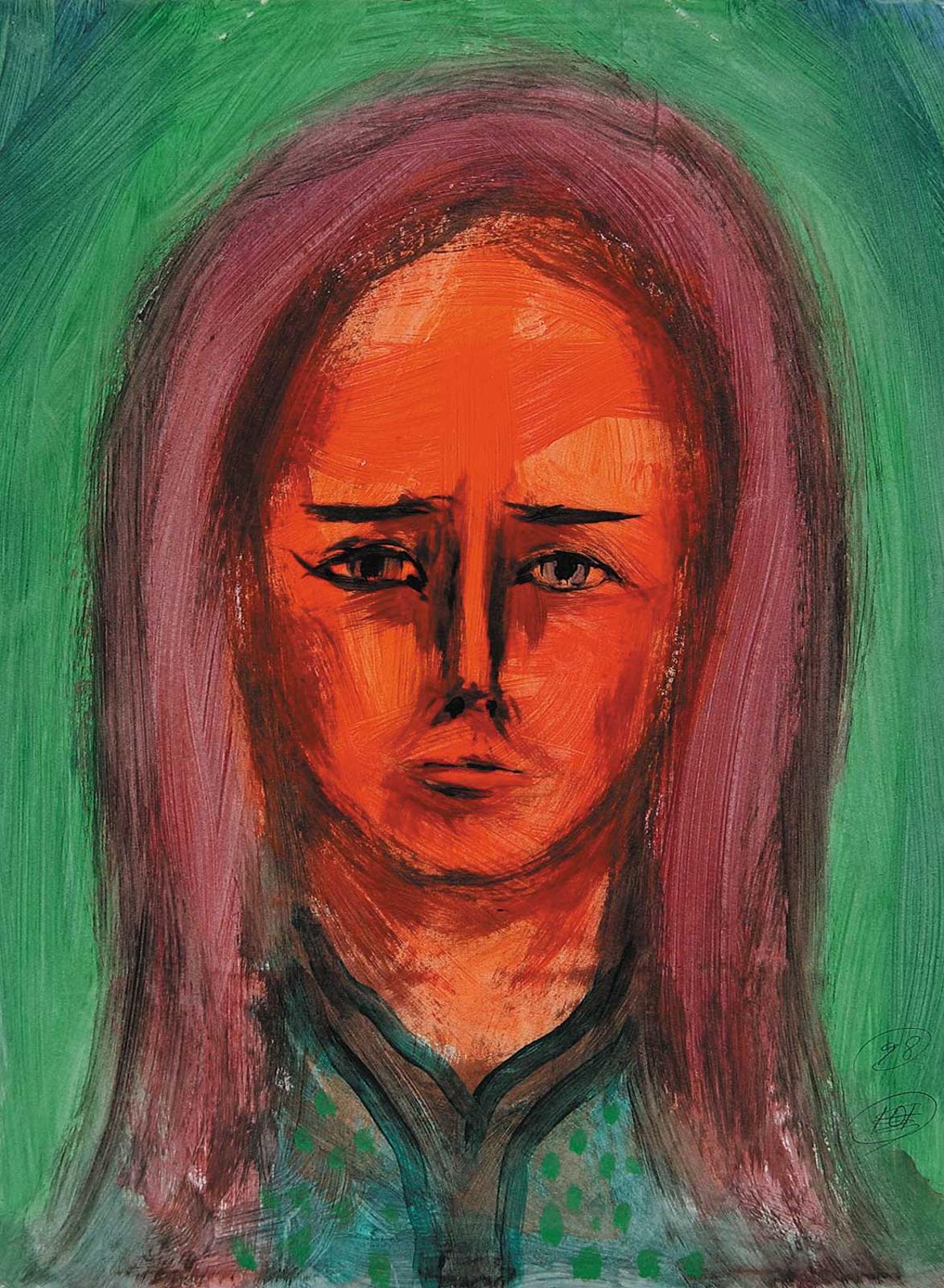 Robert Charles Aller (1922-2008) - Untitled - Woman with Grey Eyes, Red Lips and Long Hair on Green Background