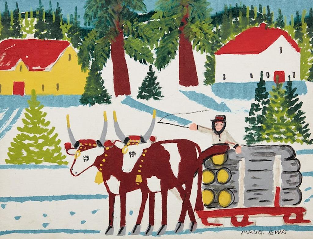 Maud Kathleen Lewis (1903-1970) - Oxen Hauling Logs