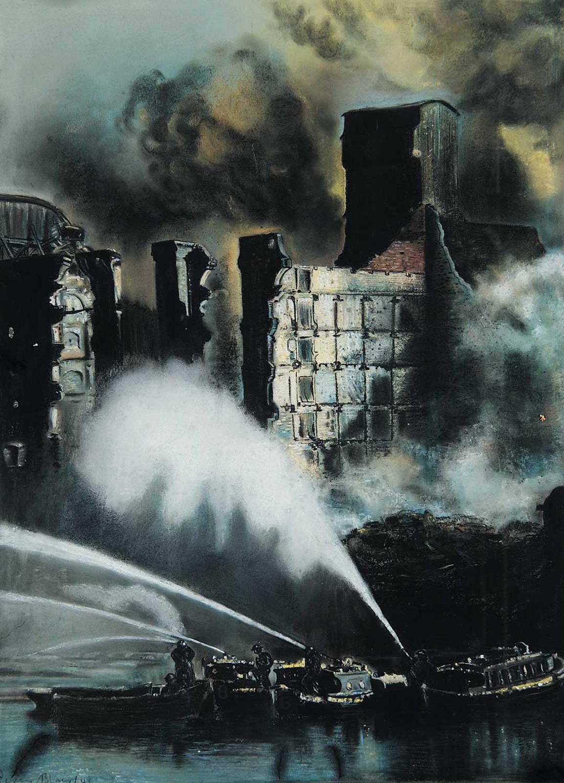 Percy Blair - Fire Floats in Action on the Thames, 1940