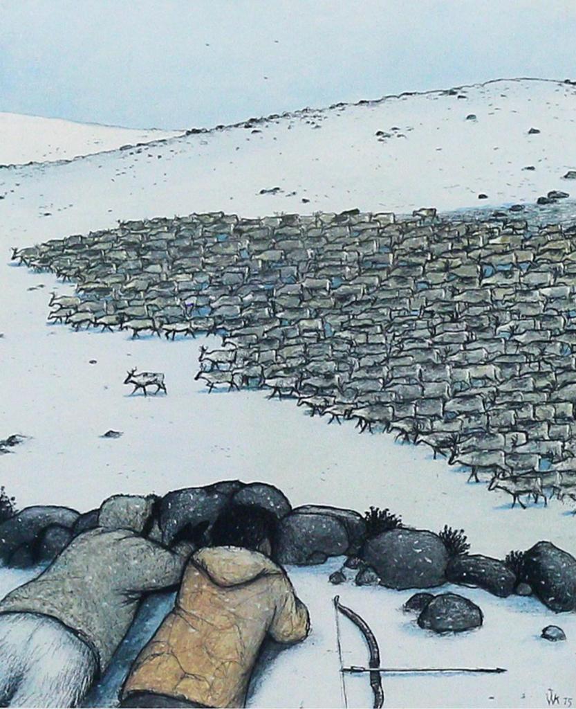 William Kurelek (1927-1977) - Stalking Migrating Caribou; 1975