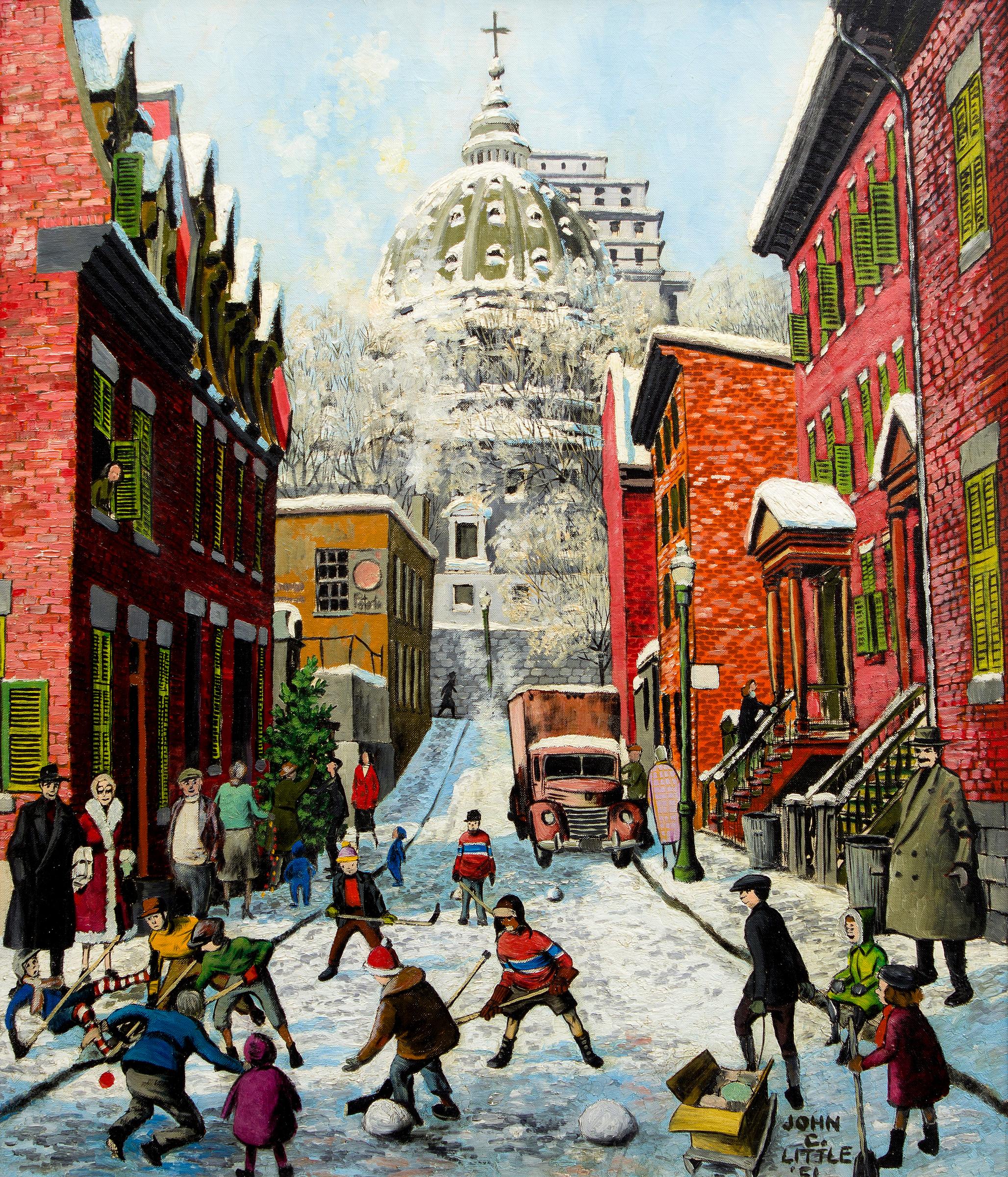 John Geoffrey Caruthers Little (1928-2024) - St. James Cathedral from St. Cécile St. (Shinny Game), Montréal, 1951