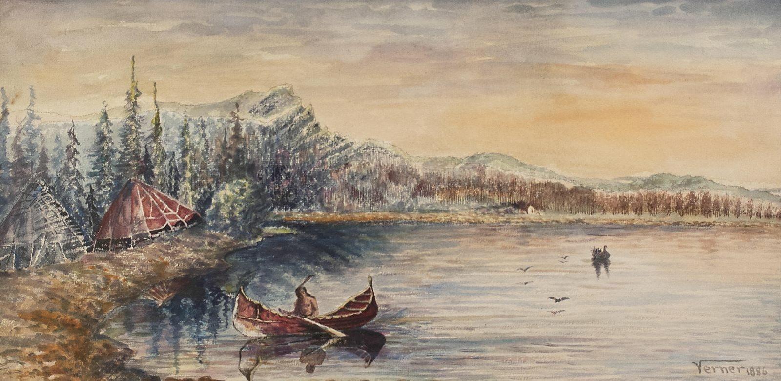 Frederick Arthur Verner (1836-1928) - Paddler Approaching An Encampment; 1886