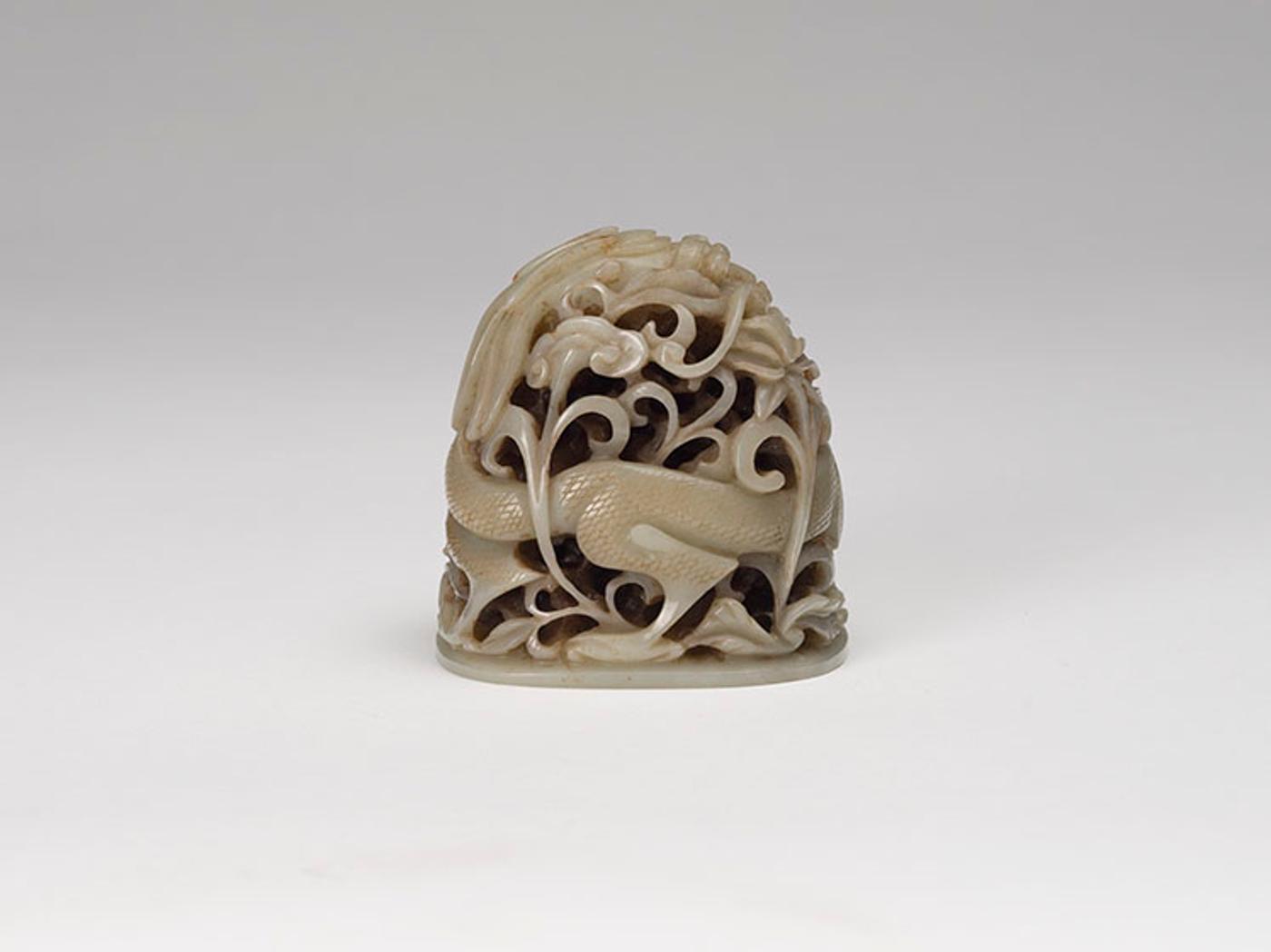 Chinese Art - A Chinese Pale Celadon Jade 'Dragon' Finial, Ming Dynasty (1368 - 1644)