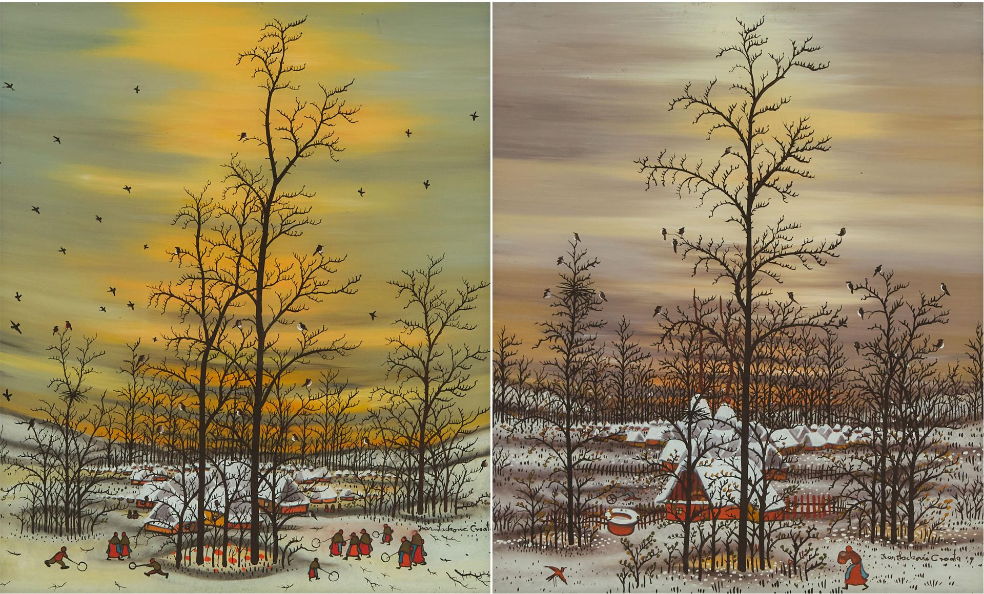 Ivan Lacković - Figures Playing In A Snowy Village Landscape; Peasant Walking In A Winter Landscape