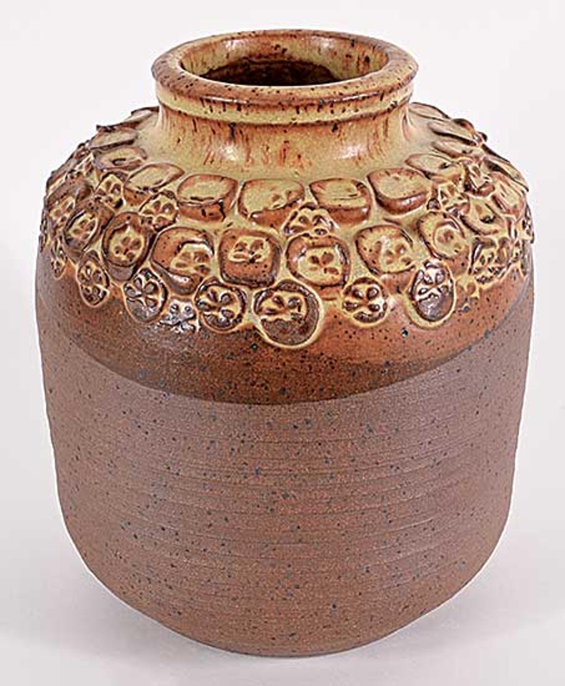 Luke Orton Lindoe (1913-1998) - Untitled - Cream and Brown Vase with Floral Edging